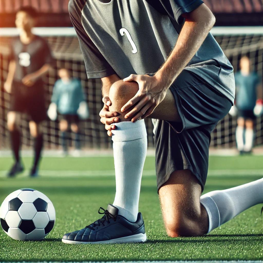 jogador de futebol com problemas nos joelhos, ele segura o joelho esquerdo